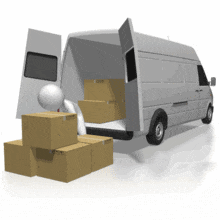 A stick figure works at loading cardboard boxes into a cargo van.
