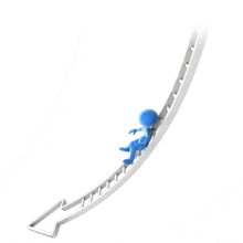 A stick figure slides down a ladder with an arrow at the end.