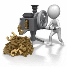 Stick figure cranks machine to produce a pile of pound symbols. This clip-art displays someone laboring to make a profit.