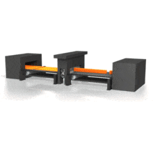 This animation shows a production line taking hot pieces of metal and flattening them.