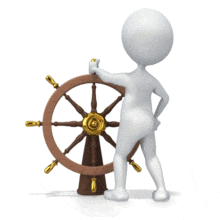 A 3D stick figure steers a ships wheel, a concept of charting a course or a leader navigating.