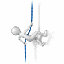 A stick figures uses a rope to rappel down a wall.