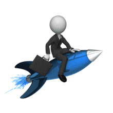 A businessman holding a briefcase riding a rocket. This animation can represent helping a business to succeed.