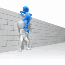 A stick figure helps another climb over a brick wall. This animation can represent using teamwork to overcome and obstacle.