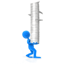 A stick figure carries a tall stack of papers.