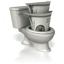 This animation shows American one hundred dollar bills being flushed down the toilet.