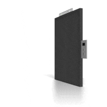 A stick figure presses the up arrow on an elevator and enters.