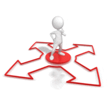 An animation of a stick figure trying to make a choice which direction to go.