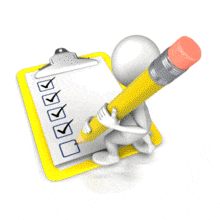 An animation of a stick figure with a pencil checking the last box on a yellow clipboard.