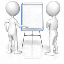 Two stick figure discuss while standing in front on a blank flip board.