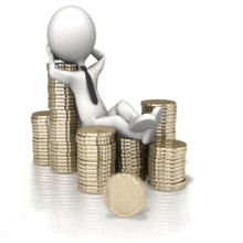 A figure relaxes on top of a large pile of gold coins with a coin spinning in front on the ground.