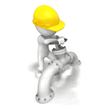 An animation of a stick figure turning a valve on a pipe.