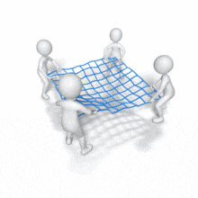 Four stick figures hold a net ready as they move around to catch something.