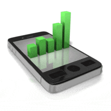 An animation of a smart phone with a bar graph rising up and down.
