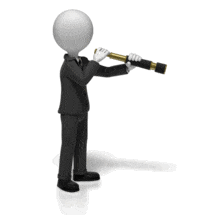 An animation of a stick figure holding a spyglass looking around.