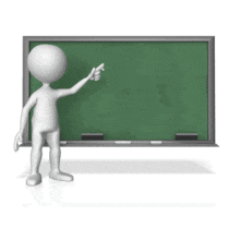 A stick figure points to three spots on a chalkboard.