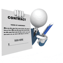 An animation of a stick figure offering a pen to sign a contract.
