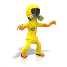 An animation of a figure in a radiation suit walking cautiously.