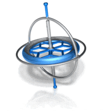 A gyroscope toy stands upright as it spins.
