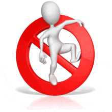 An animation of a stick figure giving a stop gesture while sitting on a prohibited symbol.