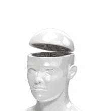 An animation of a head with ideas represented by arrows coming out of the top.