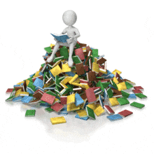 A stick figure reads atop a mound of books. This clip-art can represent someone learning through books.