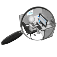 A stick figure types on a computer as he&#039;s observed under a magnifying glass. This clip-art can represent being micromanaged.