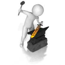 A stick figure used a iron hammer to forge a sword made up of words spelling success.  