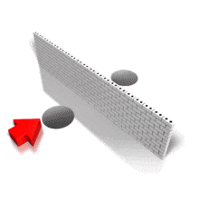 An animation of an arrow finding a way under a wall through a hole.