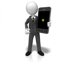 An animation of a business figure holding a big smart phone with social media icons floating out of the screen.