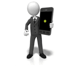 An animation of a business figure holding a big smart phone with social media icons floating out of the screen.