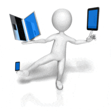 A stick figure precariously balances three electronic devices. This clip-art can represent the trouble with managing different digital devices.