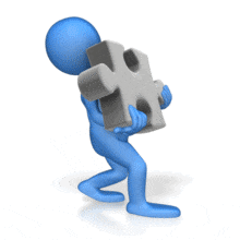 A stick figure with color carrying a heavy puzzle piece.