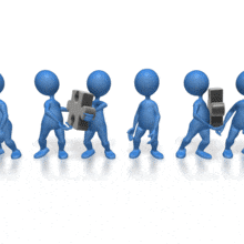 A line of stick figures with color in a line passing puzzle pieces down the line.