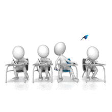 In this animation four students take a test with one being totally distracted by a butterfly that has entered the area.