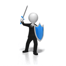 A businessman in a suit holds a shield while brandishing a sword. This animation can represent battling in the business world.