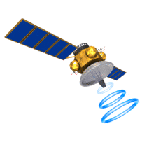 A satellite transmits a signal as it floats in space.