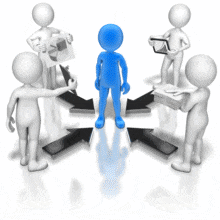 A team of stick figures present their work to their team leader.