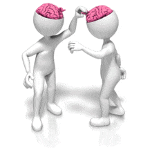 An animation of two stick figures picking each others brains.