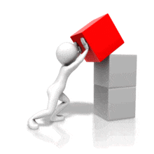 An animation of a stick figure pushing up a colored block onto a stack of blocks.