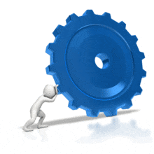 An animation of a stick figure pushing a large heavy gear.