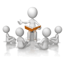 A group of children figures sit and listen to a adult stick figure read out of a book.