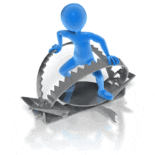 A stick figures fights from getting stuck in a steel trap. This animation can represent someone avoiding getting trapped.