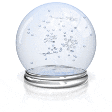 Snowflakes float around inside this snow globe.