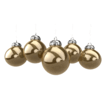 A line of 5 golden Christmas decorations slowly wobble.
