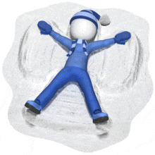 A stick figure in winter clothing lays on the ground making a snow angel.