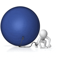 A figure in chains struggles to try and escape while connected to a big weight ball.