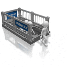Stick figures come and go through the entrance of a subway. This clip-art can represent commuting to work.