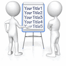 Two stick figure discuss while standing in front on a blank flip board.