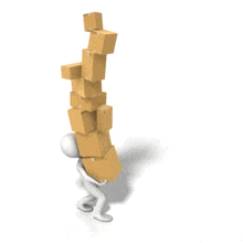 An animation of a stick figure carrying a load of boxes.